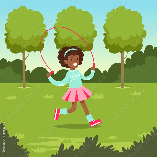 Cute smiling african girl jumping with skipping rope in the park, kids outdoor activity vector illustration