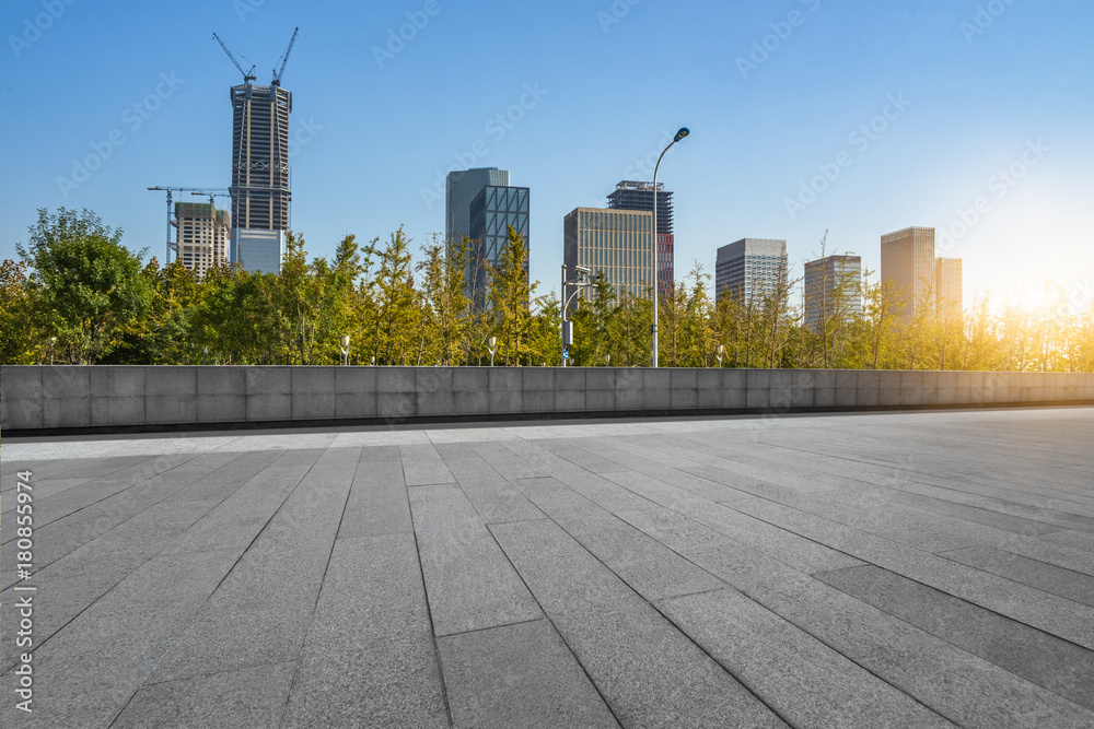 empty brick floor with cityscape and skyline.