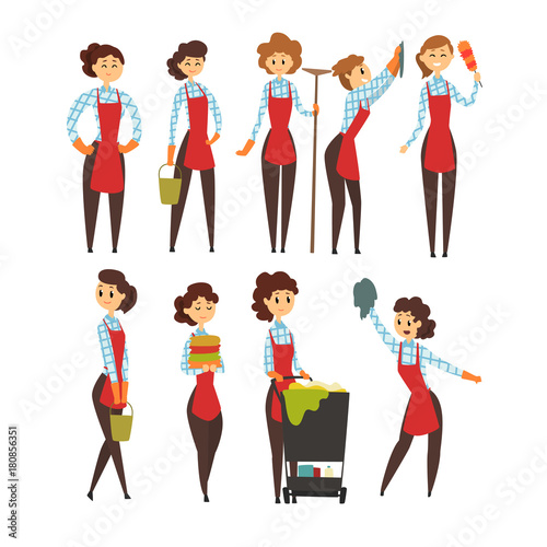 Female professional cleaner set, cleaning company team cartoon vector Illustrations
