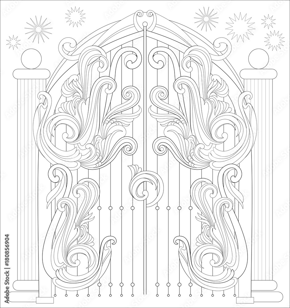 Black And White Page For Coloring Fantastic Drawing Of Gate From A Fairy Tale Worksheet For Children And Adults Vector Image Stock Vector Adobe Stock