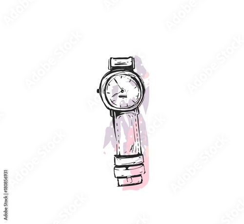 Hand drawn vector abstract texture graphic fashion chic style icon with girl accessories wrist watch in pink pastel color isolated on white background