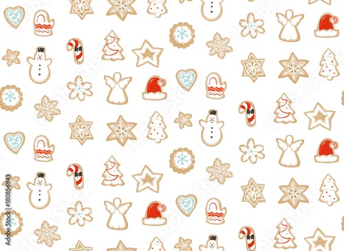Hand drawn vector abstract fun Merry Christmas time cartoon illustration seamless pattern with baked gingerbreads cookies isolated on white background