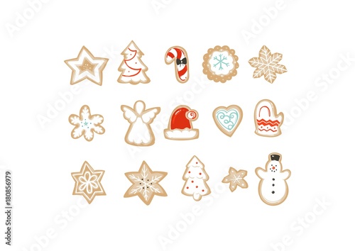 Hand drawn vector abstract fun Merry Christmas time cartoon illustrations collection set with baked gingerbreads cookies isolated on white background