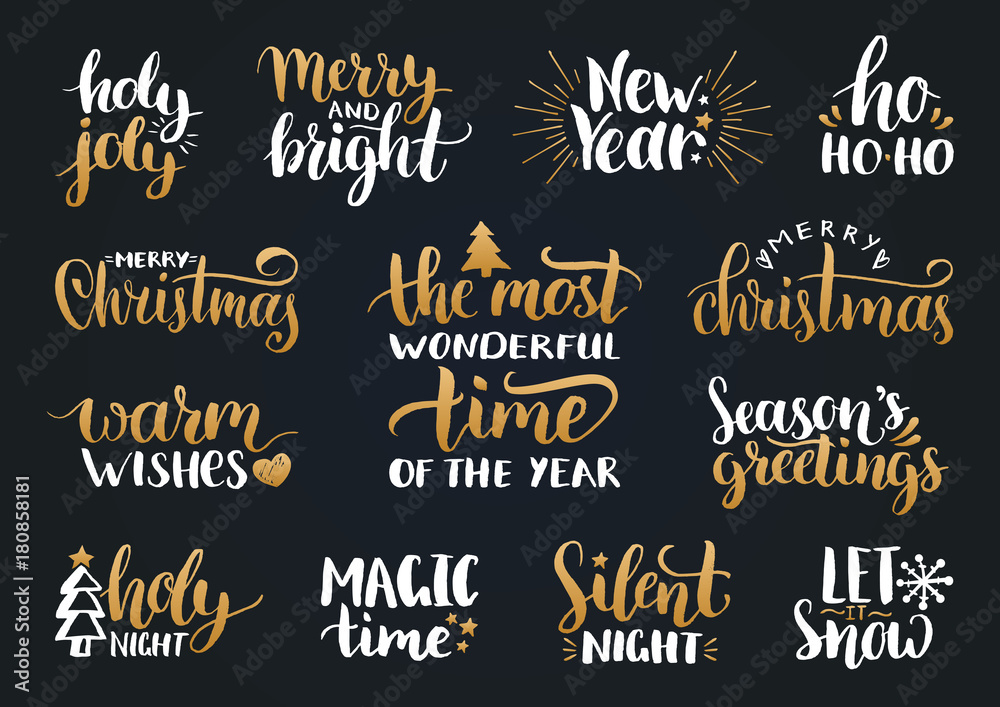 Vector handwritten Christmas and New Year calligraphy set with fest decorations.Happy Holidays,Holly Jolly etc lettering