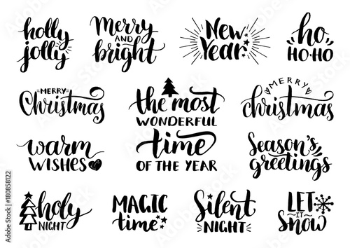 Vector handwritten Christmas and New Year calligraphy set with fest decorations.Happy Holidays,Holly Jolly etc lettering