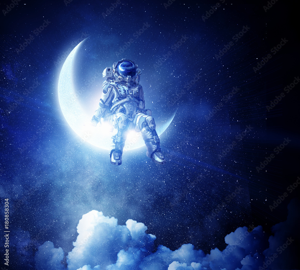 Astronaut sit on crescent moon. Mixed media Astronaut sit on crescent moon. Mixed media