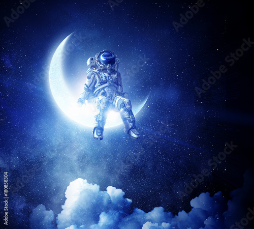 Astronaut sit on crescent moon. Mixed media