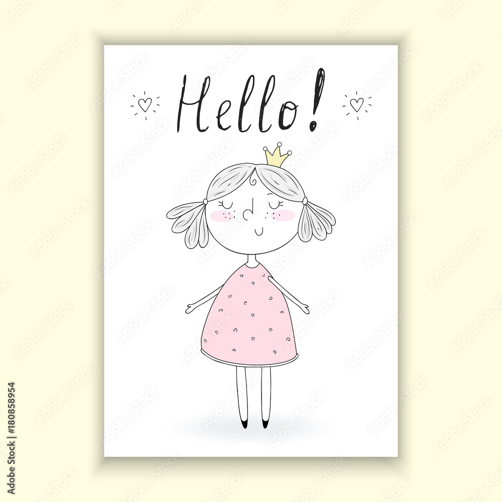 Hello card. Hand Drawn cute little girl, doodle nursery illustration. Printable template Hello card. Hand Drawn cute little girl, doodle nursery illustration. Printable template