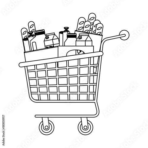 supermarket shopping cart with foods sausage bread and drinks juice and water bottle and milk carton in monochrome silhouette
