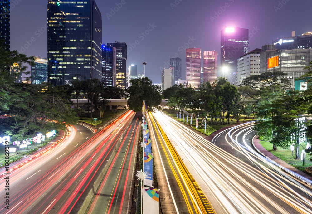 Fototapeta premium Traffic night rush in Jakarta, Indonesia capital city.