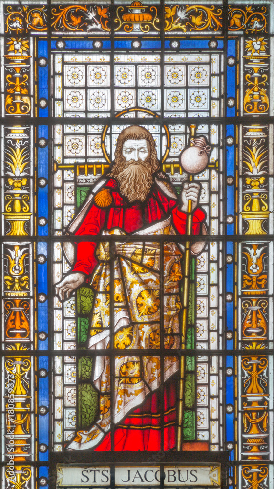 LONDON, GREAT BRITAIN - SEPTEMBER 20, 2017: The St. Jacob the Apostle on the stained glass in church St. Pancras from 19. cent.