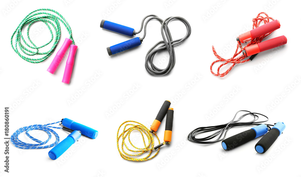 Collage with jumping ropes on white background Collage with jumping ropes on white background