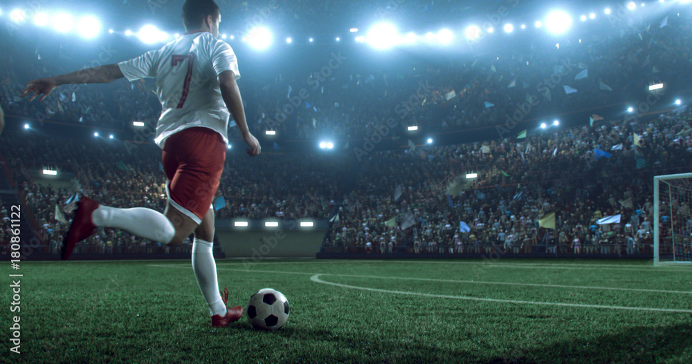 Naklejka premium Soccer player kicks the ball on the soccer stadium. He wear unbranded sports clothes. Stadium and crowd made in 3D.