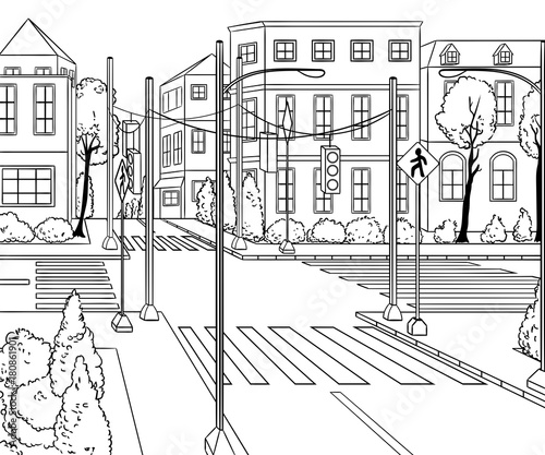 City street with buildings, traffic light, crosswalk and traffic sign. Сityscape background in sketch style. Vector illustration