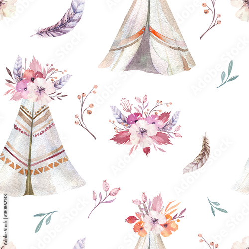Hand drawn watercolor tribal teepee seamless pattern, Boho America traditional native ornament wigwam patterns. Indian bohemian decoration tee-pee with arrows and feathers.