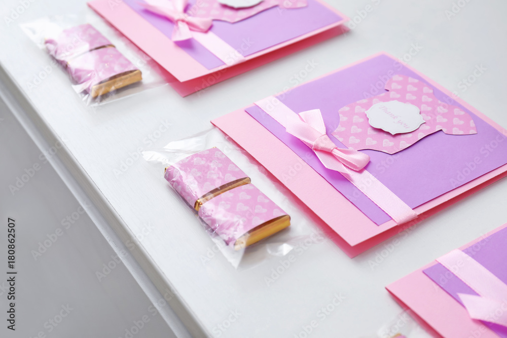 Cute Thank you cards for baby shower on light background Cute Thank you cards for baby shower on light background