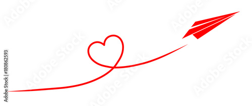 Papierflugzeug fliegt ein Kondesstreifen-Herz / Vektor, rot, freigestellt