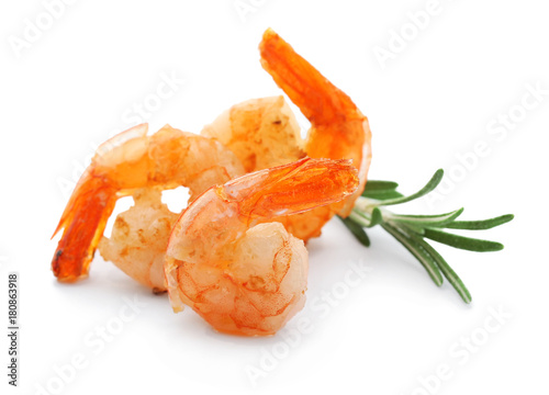 Delicious grilled shrimps on white background photo