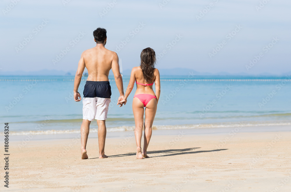 Couple On Beach Summer Vacation, Young People In Love Walking, Man Woman Holding Hands Sea Ocean Holiday Travel