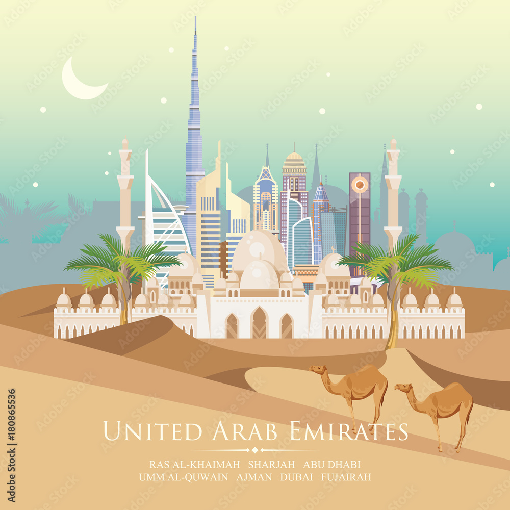 Naklejka premium Wektor plakat podróżny z Zjednoczonych Emiratów Arabskich. Szablon ZEA z nowoczesnymi budynkami i meczetem w jasnym stylu.