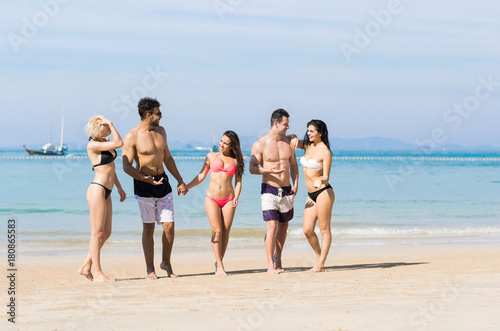 Young People Group On Beach Summer Vacation, Happy Smiling Friends Walking Seaside Sea Ocean Holiday Travel