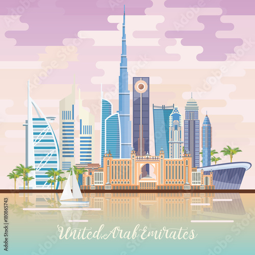 Vector travel poster of United Arab Emirates . UAE template with modern buildings and mosque in light style.