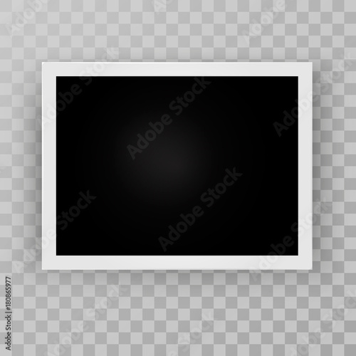 Retro realistic horizontal blank instant photo frame with shadow effects white plastic border isolated on transparent background. Template photo design, polaroid frame imitation, vector illustration