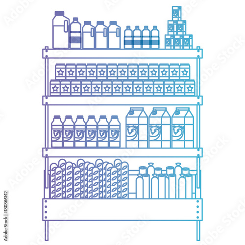 supermarket shelf with foods and beverages in degraded purple to blue color contour