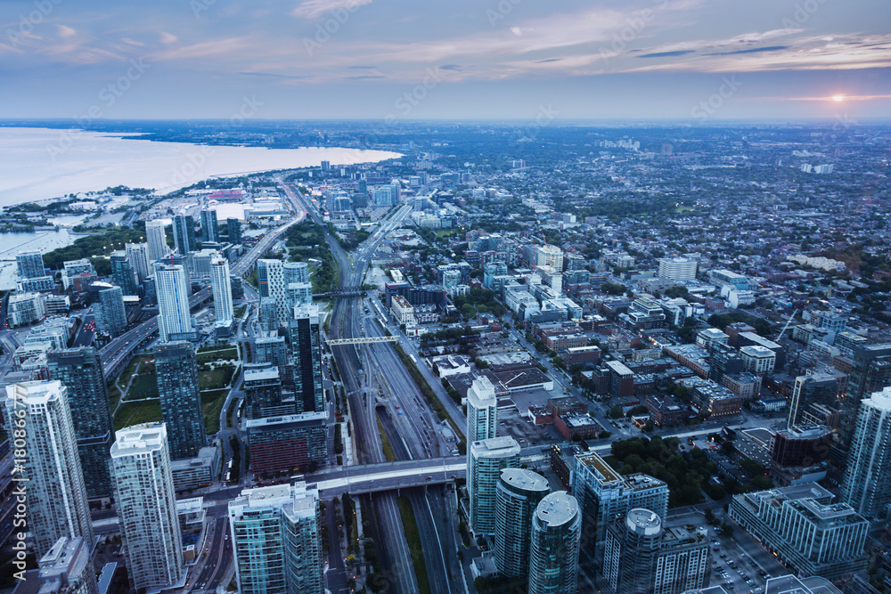 Aerial panorama of Toronto at sunset