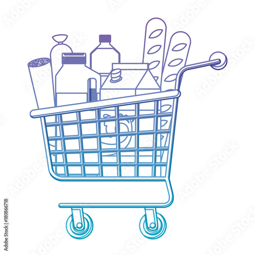 supermarket shopping cart with foods sausage bread and drinks juice and water bottle and milk carton in degraded purple to blue color contour