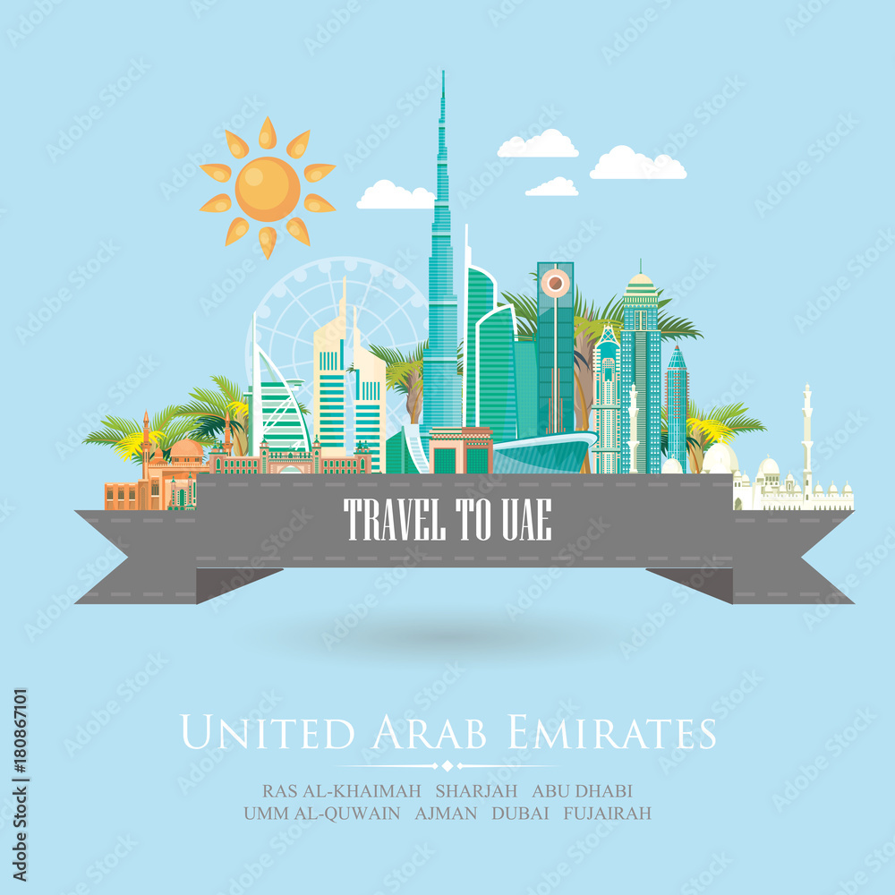 Fototapeta premium Vector travel poster of United Arab Emirates . UAE template with modern buildings and mosque in light style.