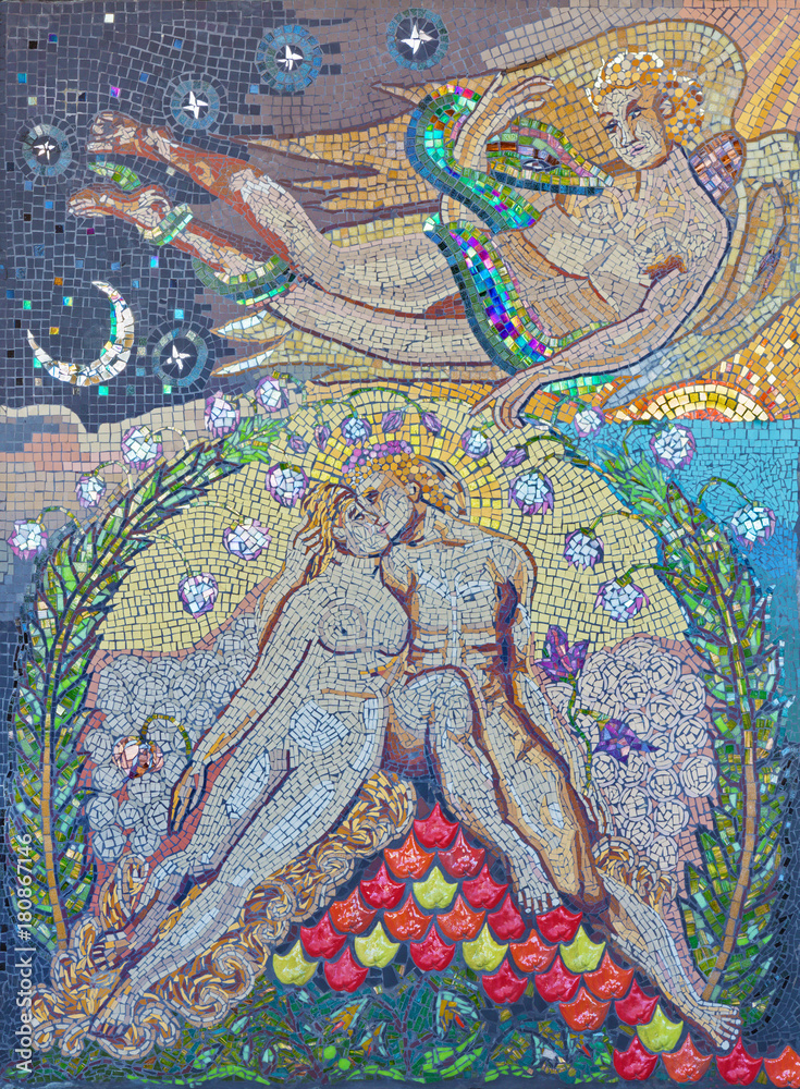 LONDON, GREAT BRITAIN - SEPTEMBER 14, 2017: The modern mosaic of  Adam and Eva (Paradise Lost) in church St. Lawrence Jewry inspired by William Blake work from year 1908 by Southbank Mosaics.