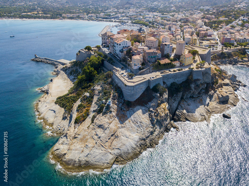 Vista aerea della città di Calvi, Corsica, Francia. Mura della città, scogliera a picco sul mare photo