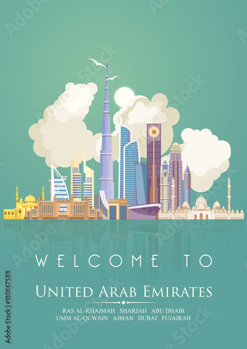 Vector travel poster of United Arab Emirates . UAE template with modern buildings and mosque in light style.
