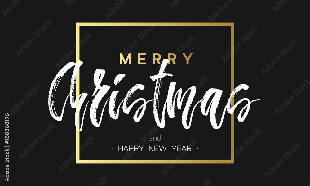 Obraz premium Merry Christmas and Happy New Year Luxury black and gold Design. Golden lettering template for your banner or flyer. Phrase in frame.