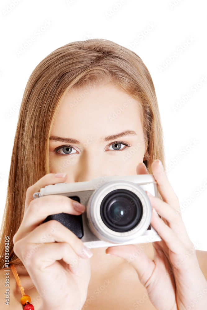 Beautiful caucasian summer woman taking photo. Beautiful caucasian summer woman taking photo.