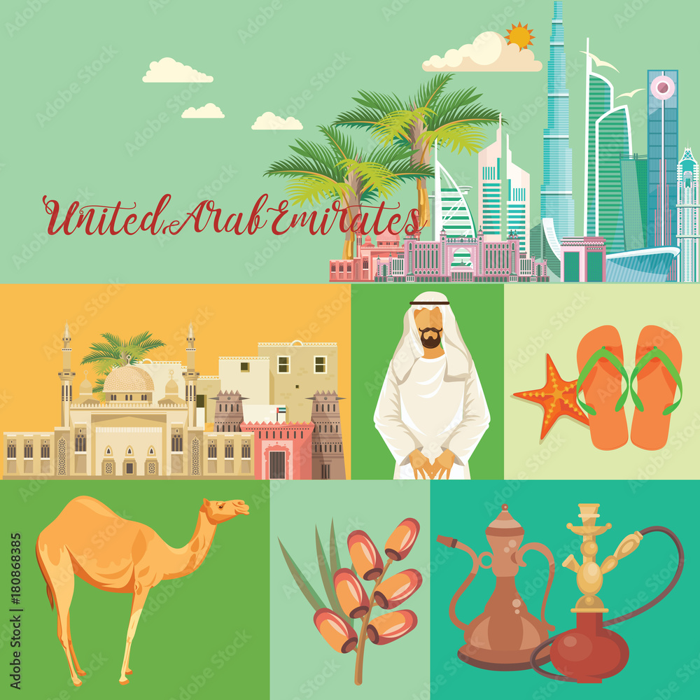 Fototapeta premium Vector travel poster of United Arab Emirates . UAE template with modern buildings and mosque in light style.