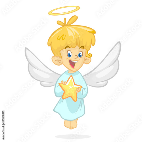 Cute cartoon angel holding a star. Christmas cartoon. Vector illustration isolated.