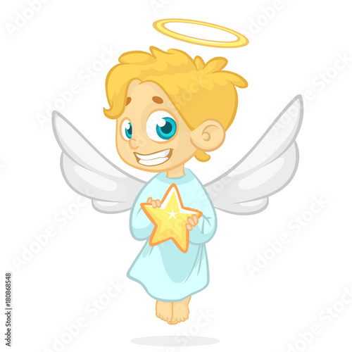 Cute happy Christmas angel character. Vector illustration isolated. Design for print, poster, sticker, greeting card or invitation