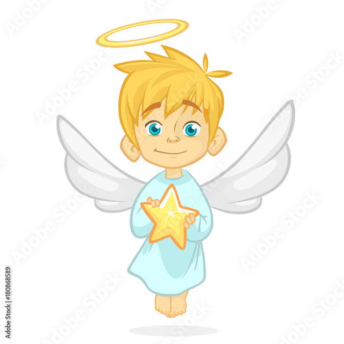 Cute cartoon angel holding a star. Christmas cartoon. Vector illustration isolated.