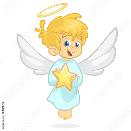 Vector cartoon illustration of Christmas angel with nimbus and wings. Cupid cartoon