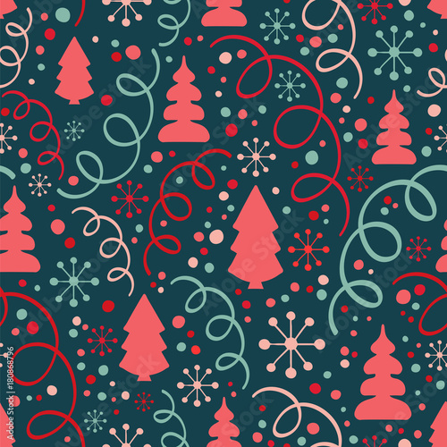 Trees and streamers. Christmas seamless vector pattern.