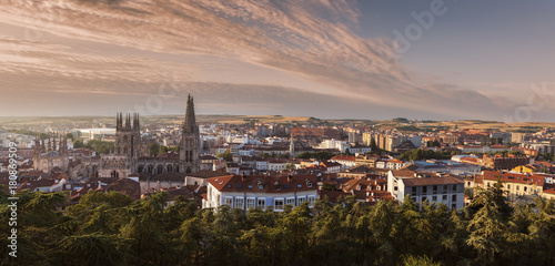 Burgos Cathedral and city panorama at sunrise