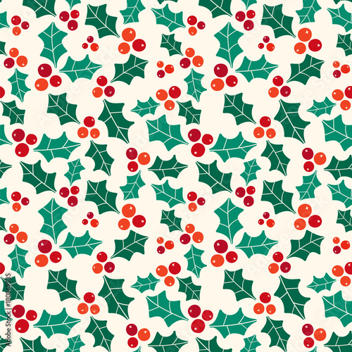 Seamless vector pattern with Christmas symbol holly berries.