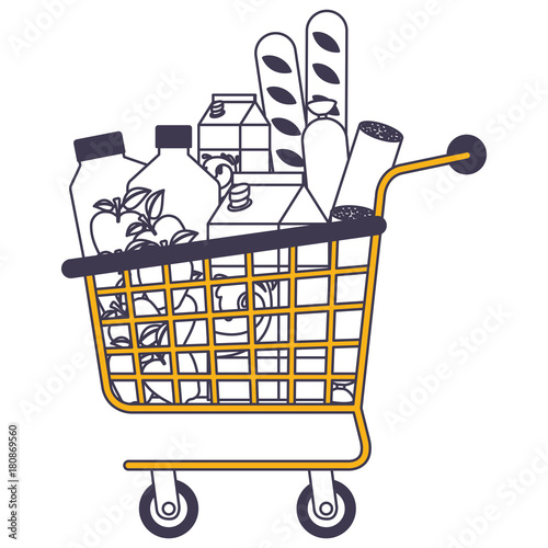 supermarket shopping cart with foods sausage and bread apples and drinks orange juice and water bottle and milk carton in color sections silhouette