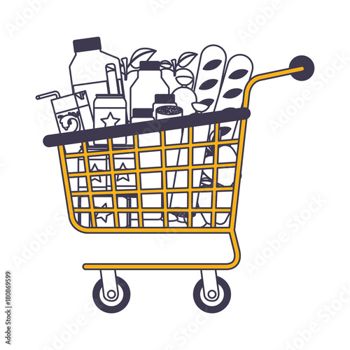 supermarket shopping cart with foods sausage and bread apples and drinks orange juice and water bottle and lacteal in color sections silhouette
