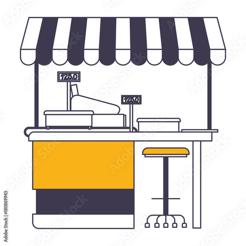 supermarket shelf with weighing machine and cash register point with sunshade in color sections silhouette