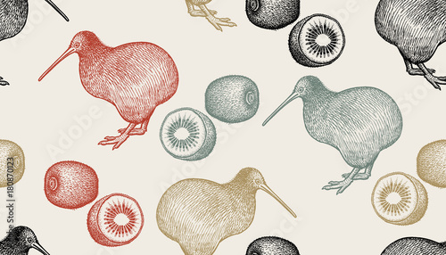 Seamless pattern with kiwi birds and fruits