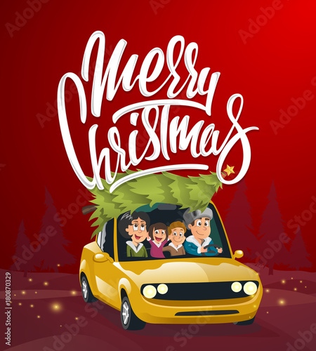 Merry Christmas illustration, family holidays on car