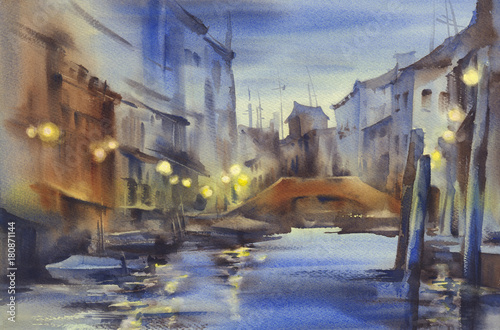 Fototapeta Naklejka Na Ścianę i Meble -  Venice nocturne watercolor